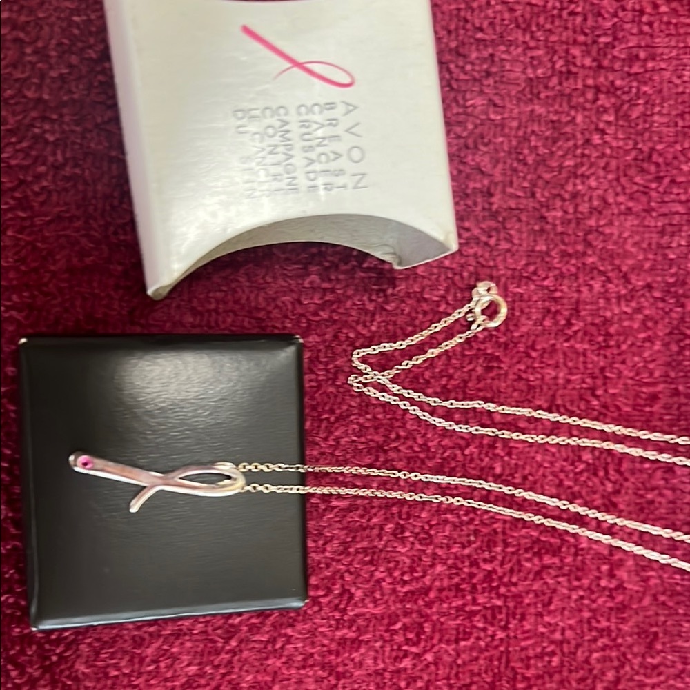 Avon Sterling Silver Crusade Pink Ribbon Necklace with Pink CZ Accent
